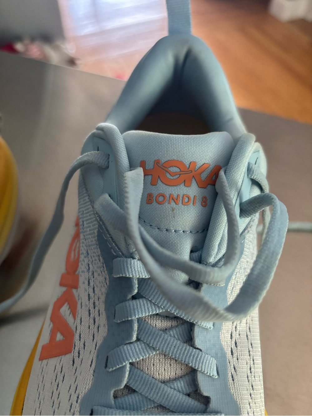 Hoka One One Light Blue Sneakers with Yellow Midsole and Coral Logo - Picture 4 of 5